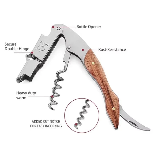 Professional waiters corkscrew & bottle opener - Stainless Steel & Wood