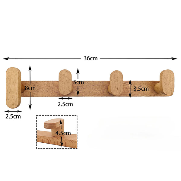 Multi Wooden L Wall Hooks - 3, 4, 5, 6 Hooks - Beech