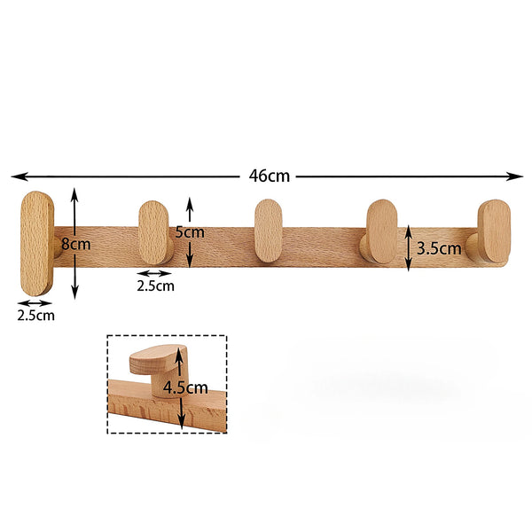 Multi Wooden L Wall Hooks - 3, 4, 5, 6 Hooks - Beech