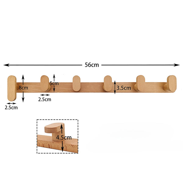 Multi Wooden L Wall Hooks - 3, 4, 5, 6 Hooks - Beech