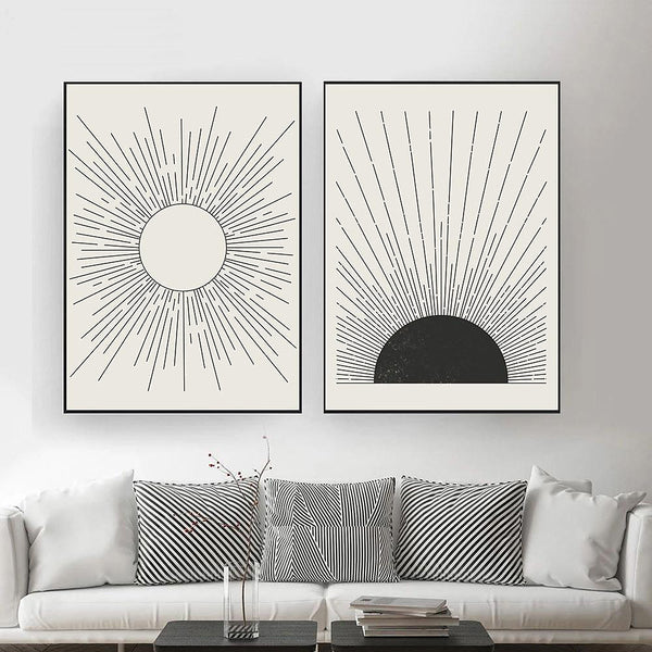 Black and White Graphic Sun Art Prints - Mid Century Style