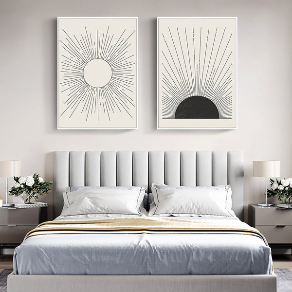 Black and White Graphic Sun Art Prints - Mid Century Style