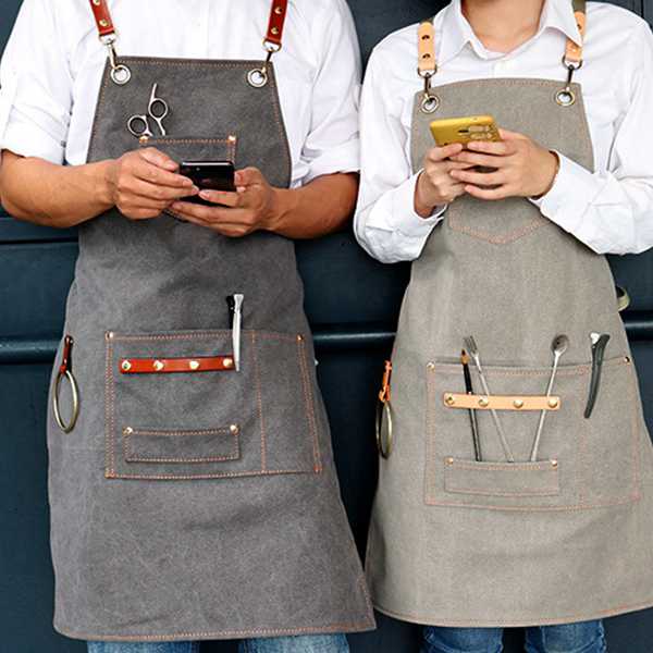 Canvas chefs apron with leather straps, loop, pockets - Grey, Blue, Green, Brown