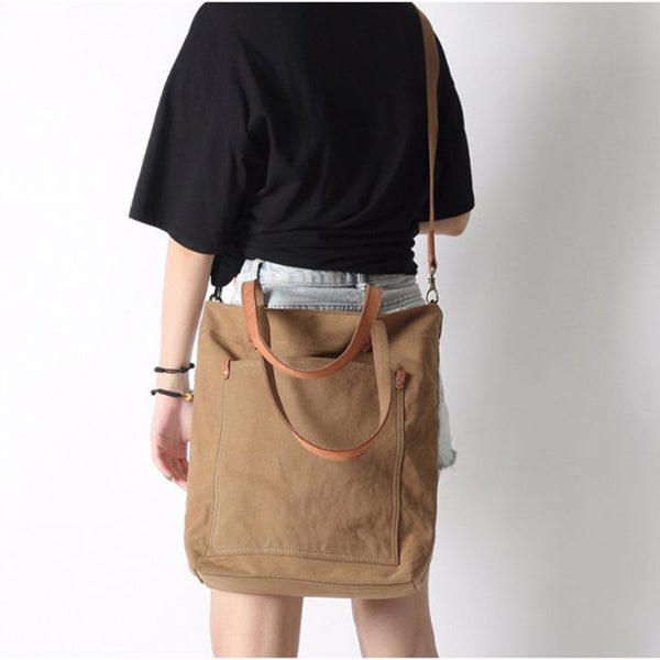 Canvas and leather premium shopper tote bag - Grey, Khaki, Off White