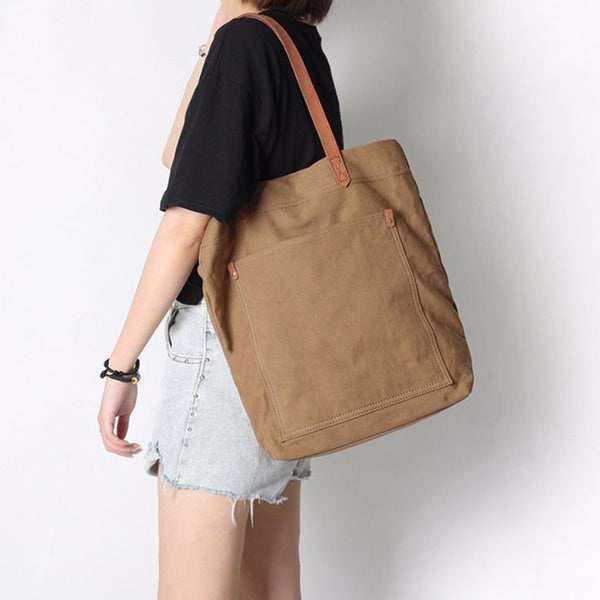 Canvas and leather premium shopper tote bag - Grey, Khaki, Off White