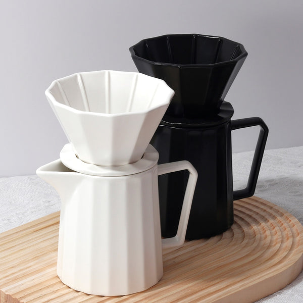Contemporary ceramic ribbed drip pourover coffee set - Black & White - 400ml