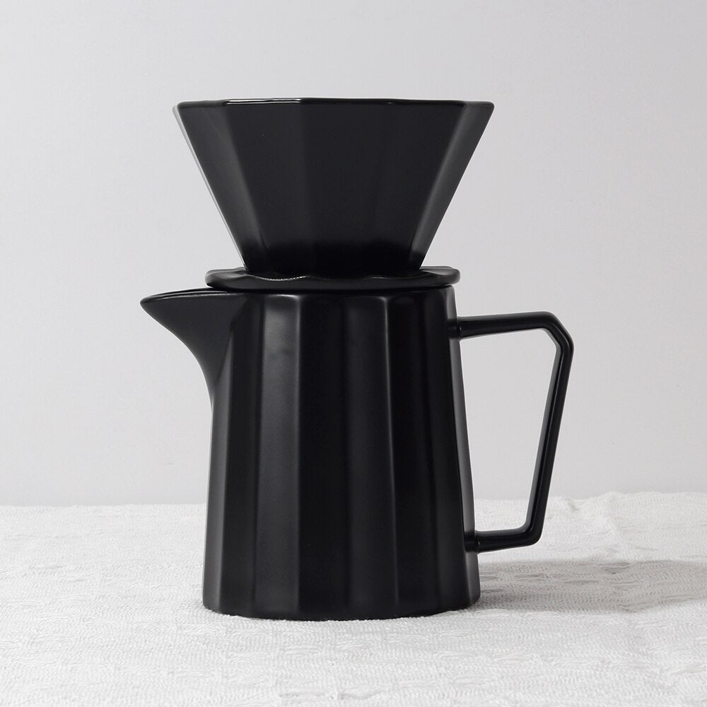 Contemporary ceramic ribbed drip pourover coffee set - Black & White - 400ml