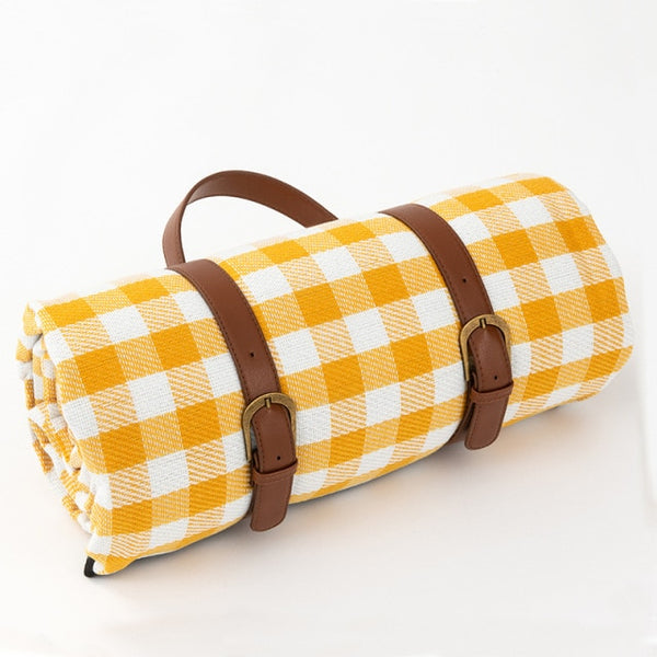 Check Picnic Blankets with Leather Carry Straps - black, red, yellow, blue, multi colour Gingham