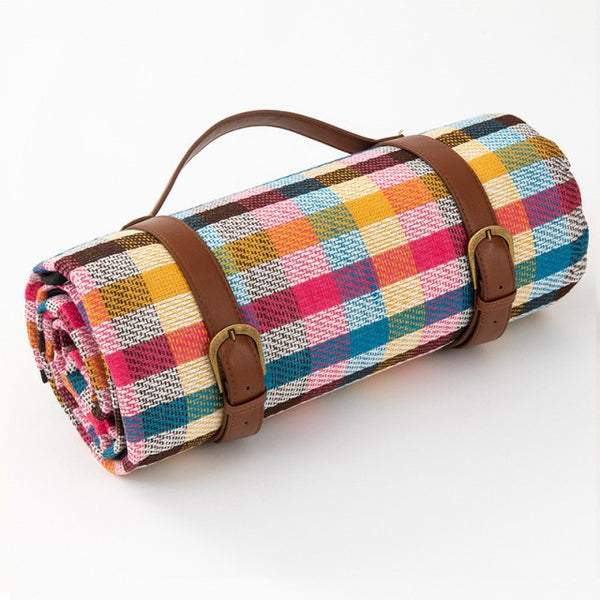 Check Picnic Blankets with Leather Carry Straps - black, red, yellow, blue, multi colour Gingham