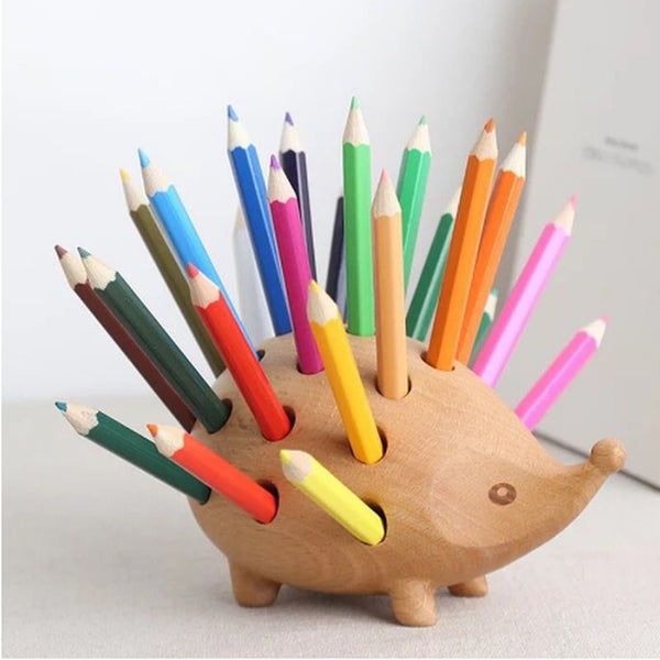 Home office desk hedgehog wooden animal pen & pencil holder