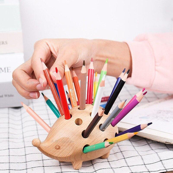 Home office desk hedgehog wooden animal pen & pencil holder
