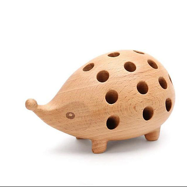 Home office desk hedgehog wooden animal pen & pencil holder