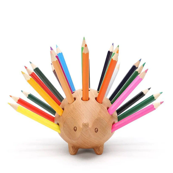 Home office desk hedgehog wooden animal pen & pencil holder