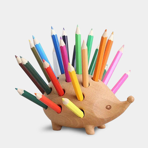 Home office desk hedgehog wooden animal pen & pencil holder
