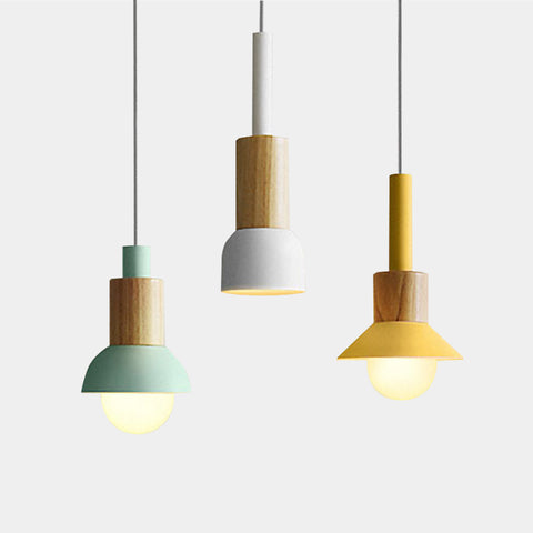 Modern Wood & Metal Scandi Cone Colour Pendant Lights - Green, White, Pink, Yellow