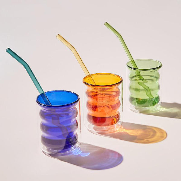 Modern Double Wall Ripple Drinking Glass Tumblers - Blue, Orange, Green