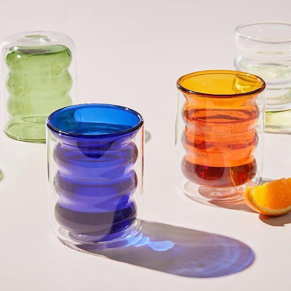 Modern Double Wall Ripple Drinking Glass Tumblers - Blue, Orange, Green