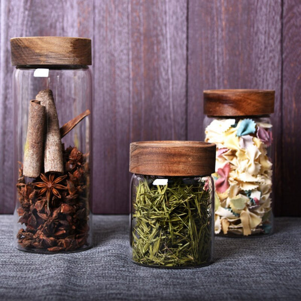 Modern minimalist glass kitchen storage jars with wooden lids - Small, Medium, Large