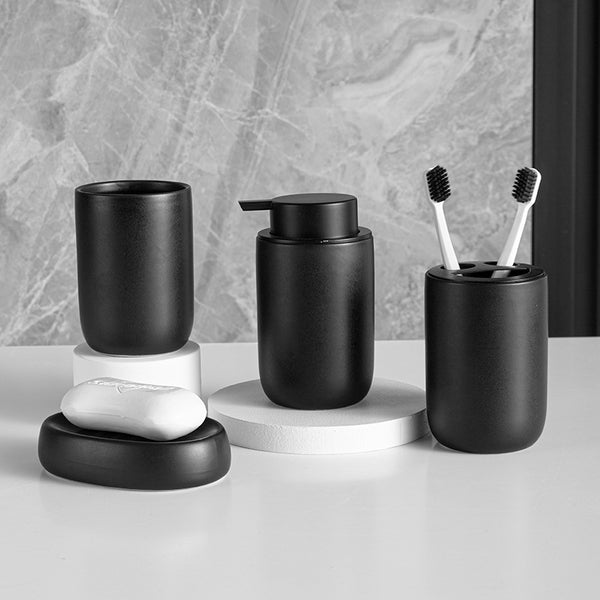 Contemporary Matte Ceramic Bathroom Accessories - Black, Grey, White - Soap Dispenser, Dish, Tumbler, Toothbrush Holder