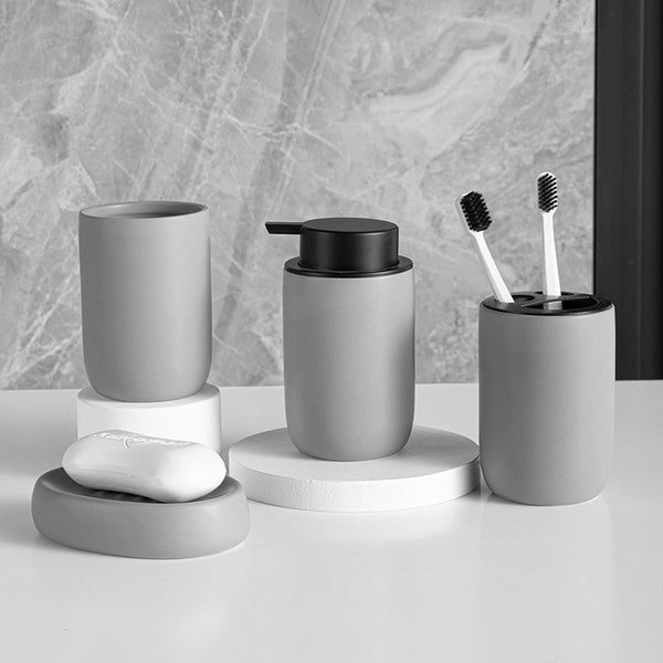 Contemporary Matte Ceramic Bathroom Accessories - Black, Grey, White - Soap Dispenser, Dish, Tumbler, Toothbrush Holder