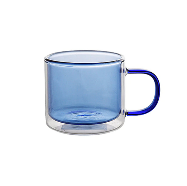 Modern double wall coloured glass tea and coffe mugs - blue