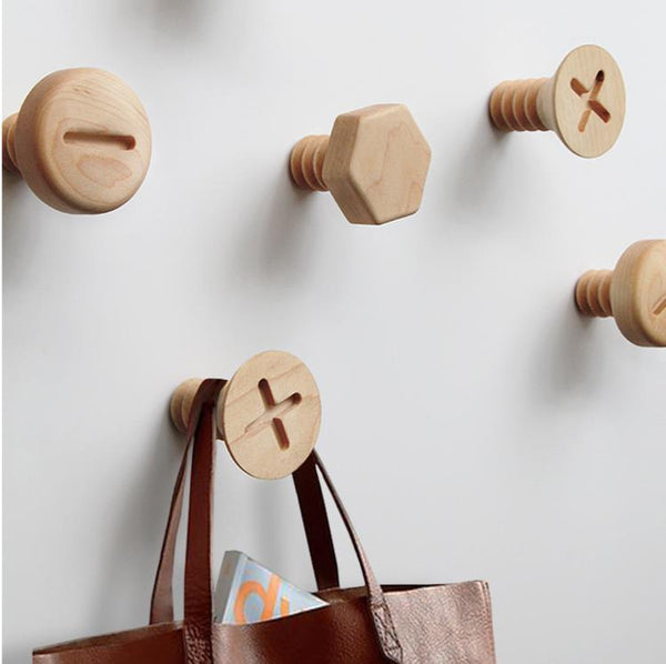 Modern woooden screw and bolt fun wall hooks - walnut, beech