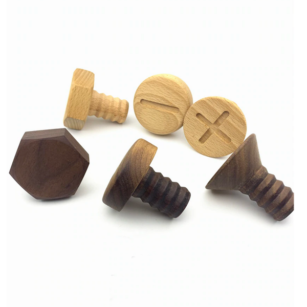 Modern woooden screw and bolt fun wall hooks - walnut, beech
