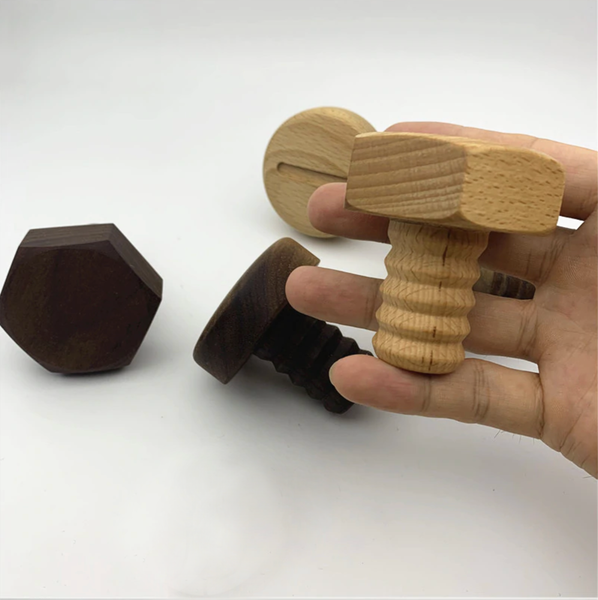 Modern woooden screw and bolt fun wall hooks - walnut, beech