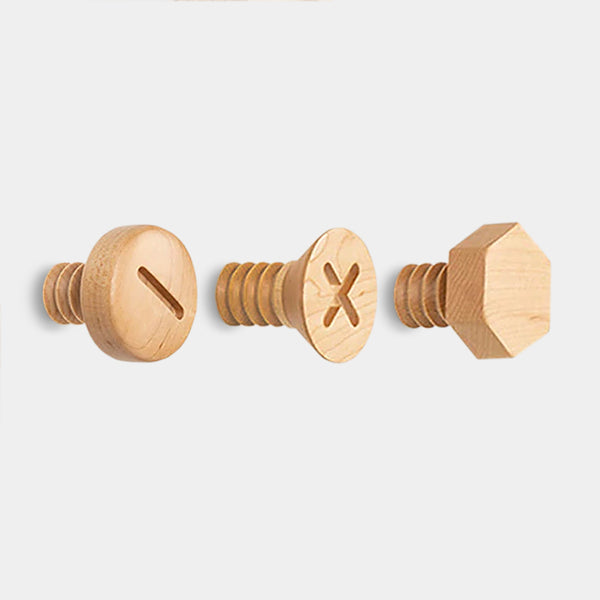 Modern woooden screw and bolt fun wall hooks - walnut, beech