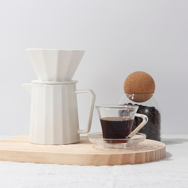 Contemporary ceramic ribbed drip pourover coffee set - Black & White - 400ml