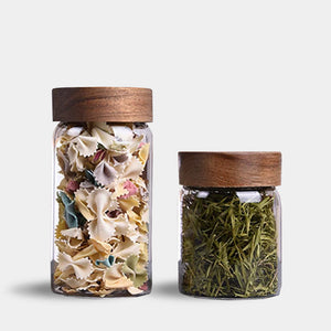 Modern minimalist glass kitchen storage jars with wooden lids - Small, Medium, Large