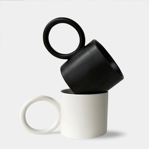 Contemporary Round Handle Ceramic Mugs - Black, White, Speckled