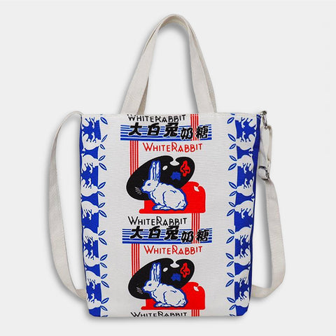 White Rabbit Canvas Shopper Tote Bag - Red and Blue Graphics