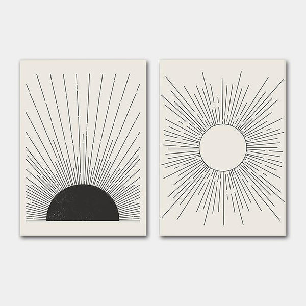 Black and White Graphic Sun Art Prints - Mid Century Style