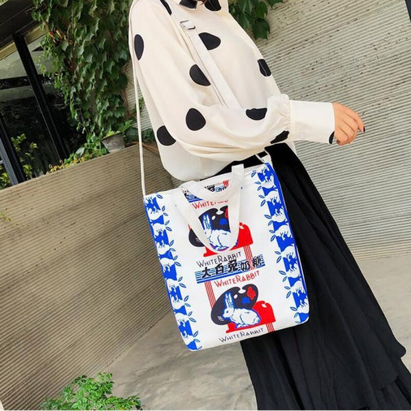 White Rabbit Canvas Shopper Tote Bag - Red and Blue Graphics