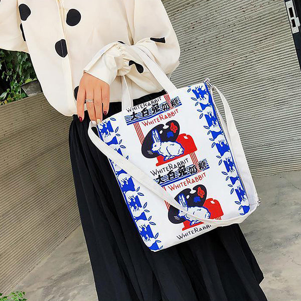 White Rabbit Canvas Shopper Tote Bag - Red and Blue Graphics