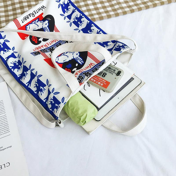 White Rabbit Canvas Shopper Tote Bag - Red and Blue Graphics