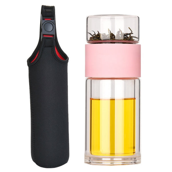 Glass travel tea infuser water bottle pink