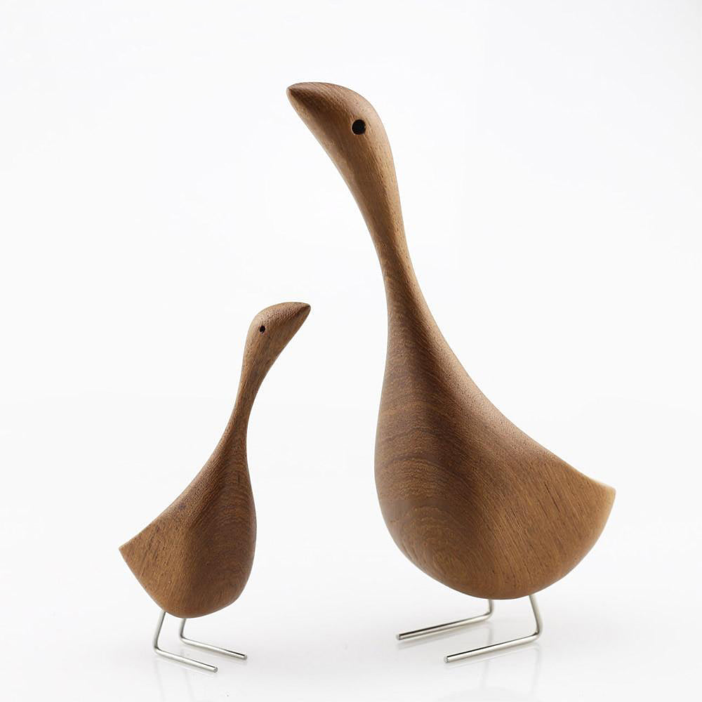 Modern Mid Century Style Scandi Teak Wooden Goose Ornament Set