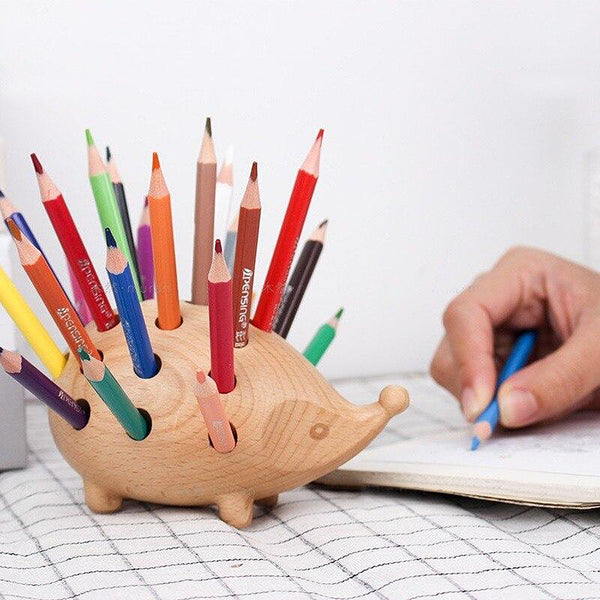 Home office desk hedgehog wooden animal pen & pencil holder