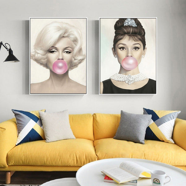 Marilyn Monroe & Audrey Hepburn Blowing Bubblegum Contemporary Art Prints