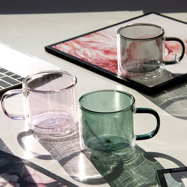 Modern double wall coloured glass tea and coffe mugs