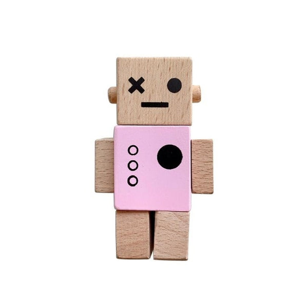 Wooden block modern retro toy robots ornament - Pink, Blue, Grey, White