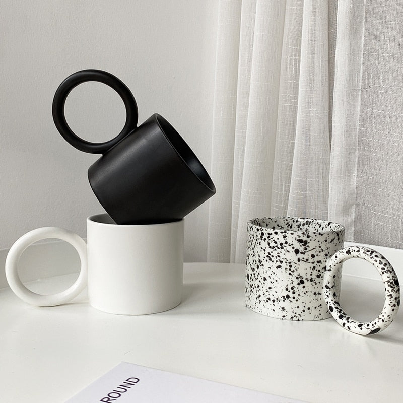 Contemporary Round Handle Ceramic Mugs - Black, White, Speckled
