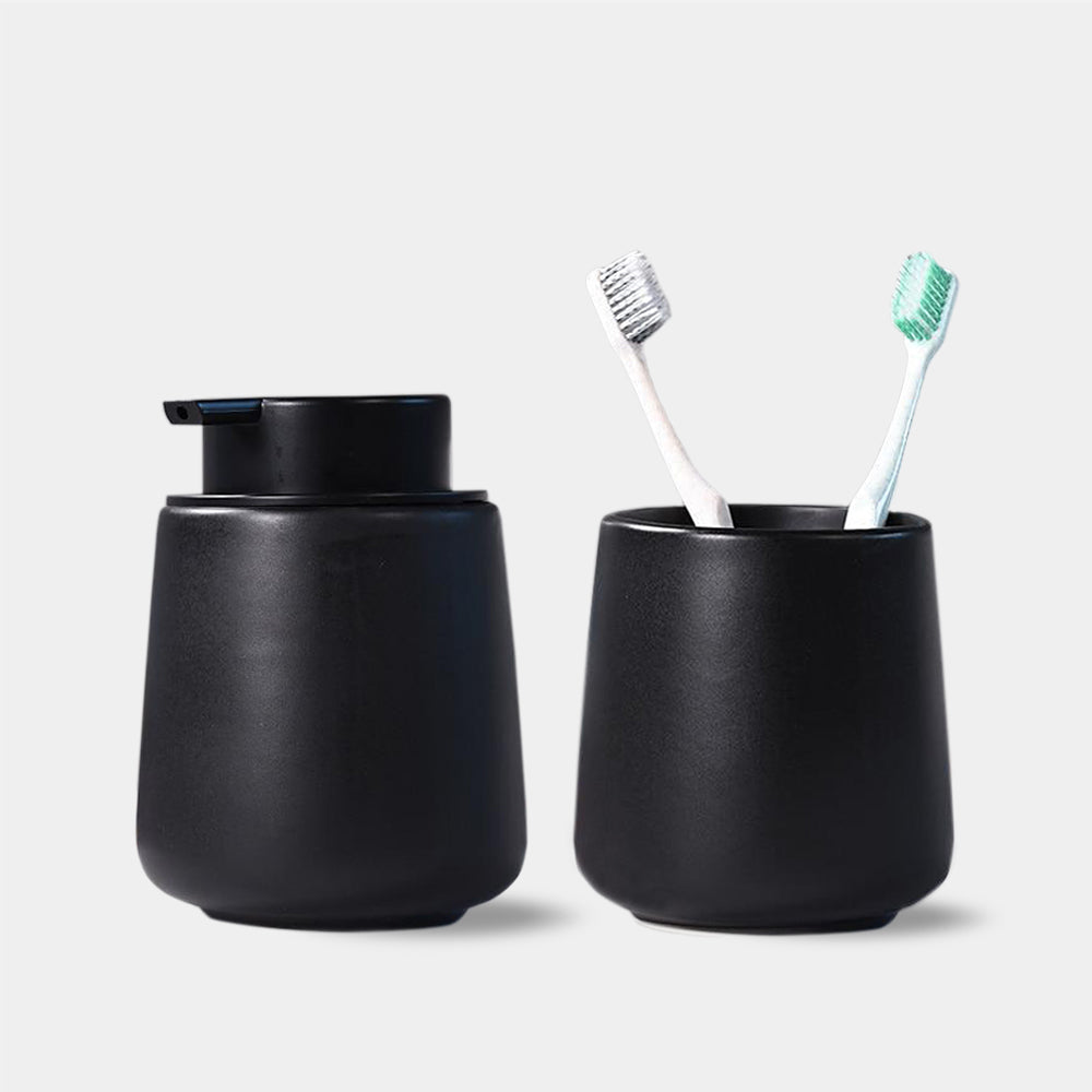 Matte Ceramic Black Bathroom Accessories - Soap Dispenser & Tumbler