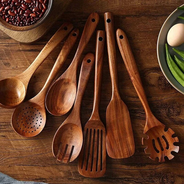 Wooden 7 Pieice Teak Kitchen Utensil Set 