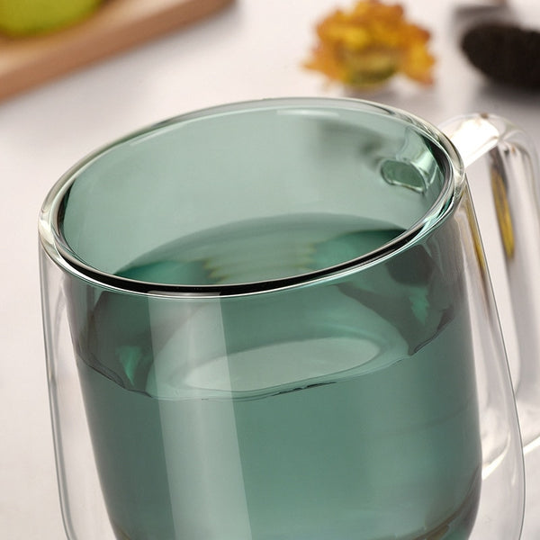Contemporary Double Wall Curved Glass Mugs - 250ml & 350ml - Green