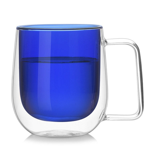 Contemporary Double Wall Curved Glass Mugs - 250ml & 350ml - Blue
