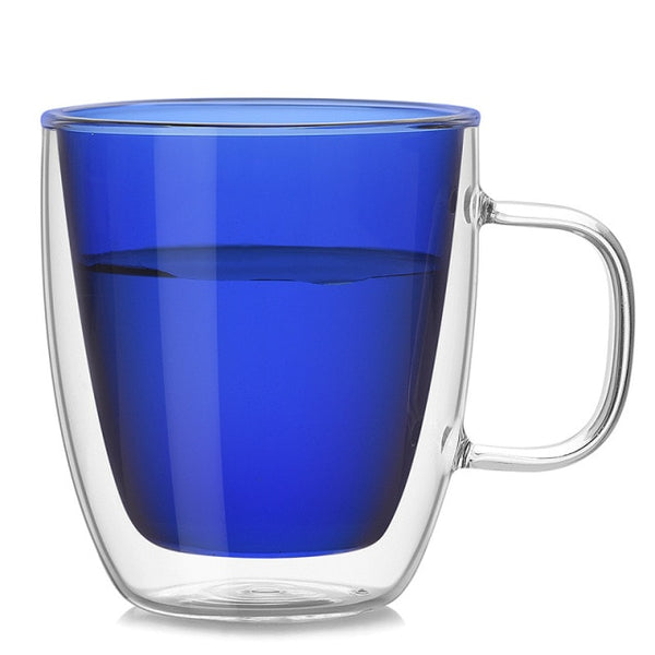 Contemporary Double Wall Curved Glass Mugs - 250ml & 350ml - Blue