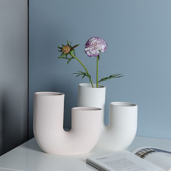 Contemporary U-Shaped Ribbed Ceramic Vases - White & Pink